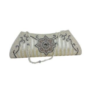 Vtg Beaded Clutch Evening Bag Purse Cream Silver Floral Embellished Formal